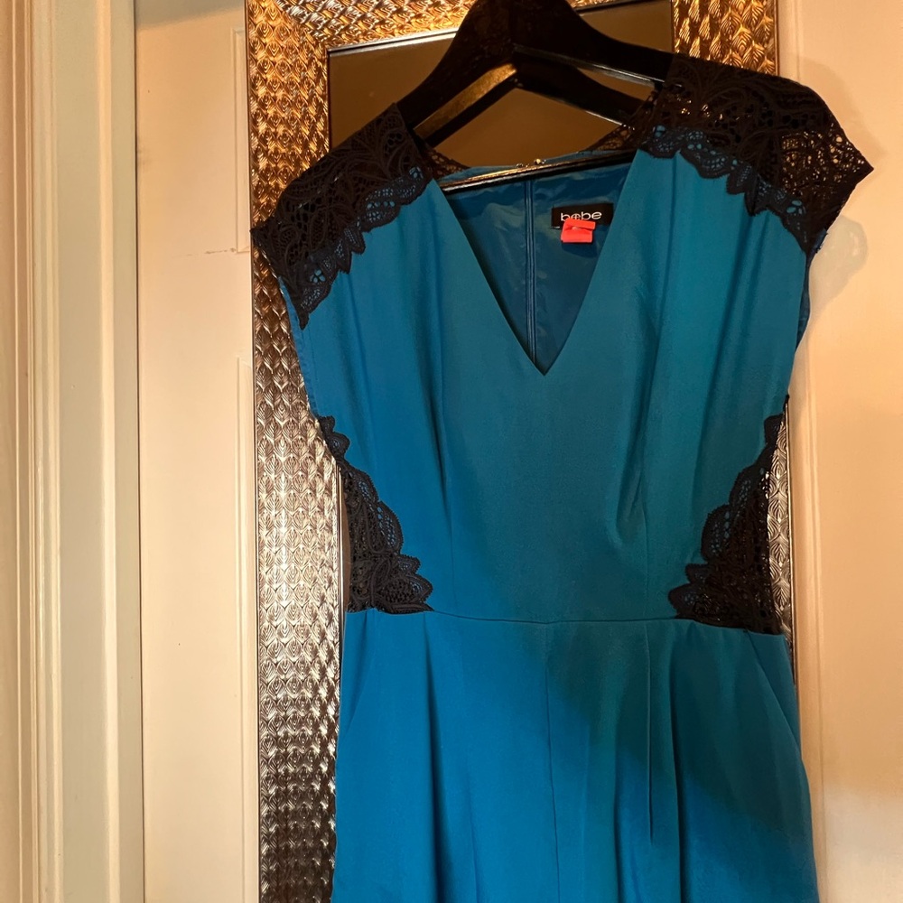 Bebe Blue and Black Fit and Flare V-Neck Romper